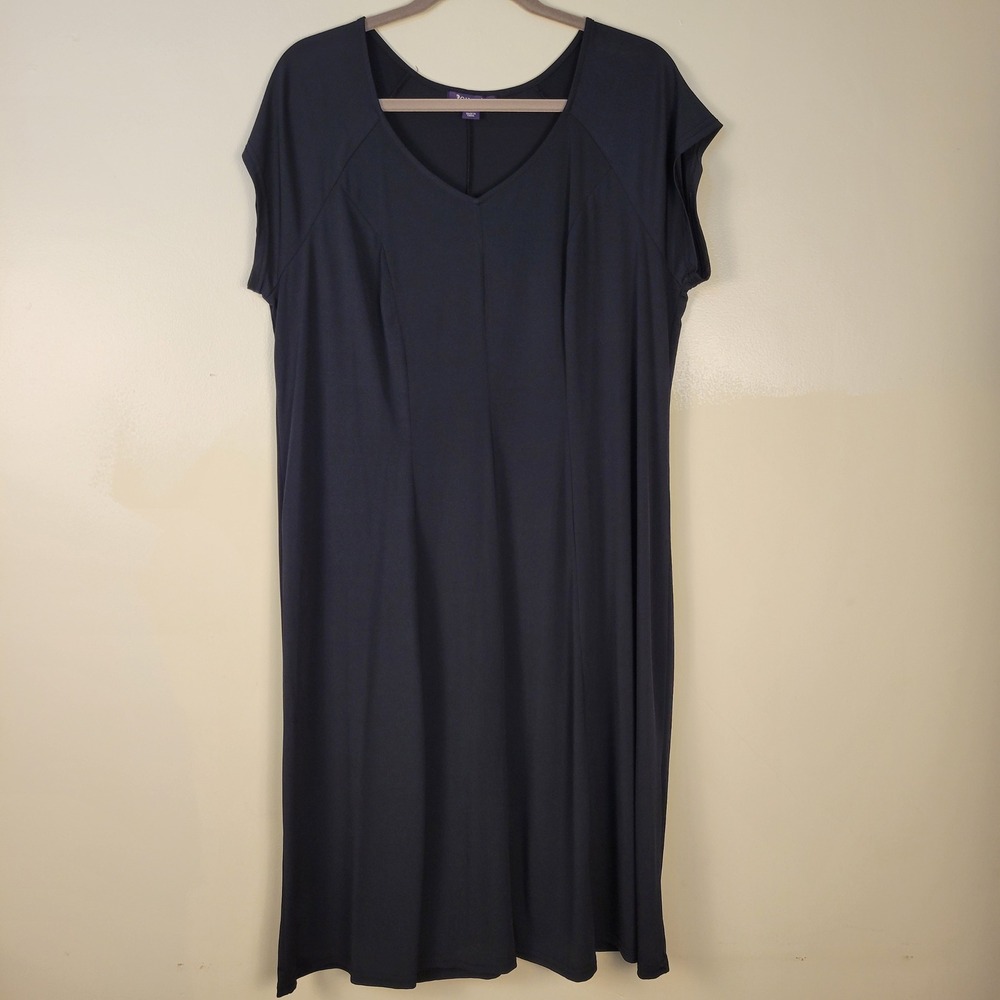 Roaman's Black V-Neck‎ Short Sleeve Fit and Flare Midi Dress Plus Size 18W